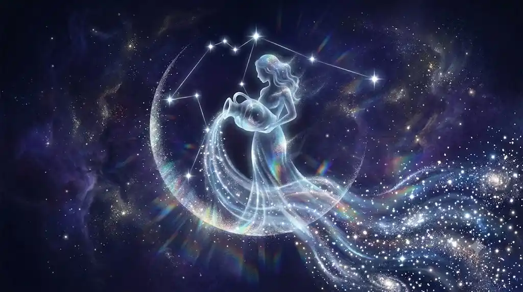 宇宙の星雲を背景に水瓶から星の液体を注ぐシルエットを描いた水瓶座のアイキャッチ画像