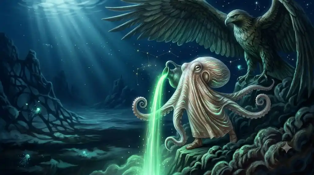 神秘的に発光しながら海底を単独で進むタコの分散型知性を表現したイラスト