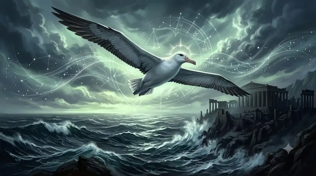 荒れ狂う嵐の海を、風の力を利用して静かに滑空するアホウドリの神秘的なイラスト