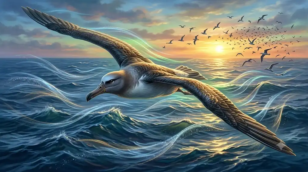 風の層に合わせて翼の角度を変えながら飛ぶアホウドリを、幻想的に描いたイラスト