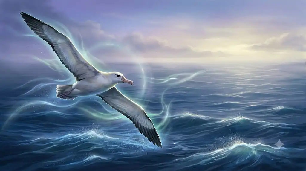 風の流れを読み羽ばたかずに海原を滑空するアホウドリを描いた神秘的な自然イラスト