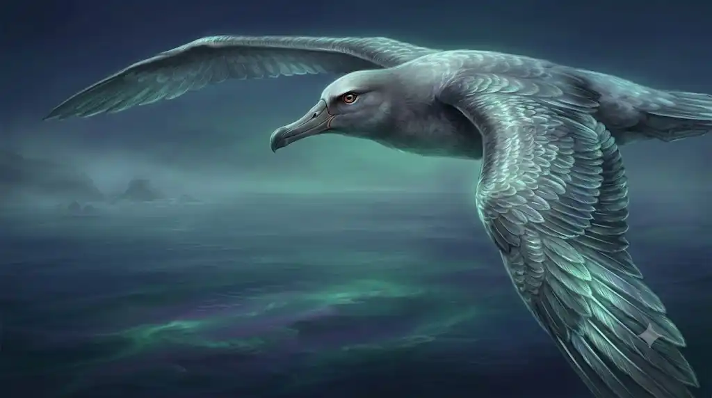 風に合わせて翼の角度を微調整しながら滑空するアホウドリの幻想的なイラスト