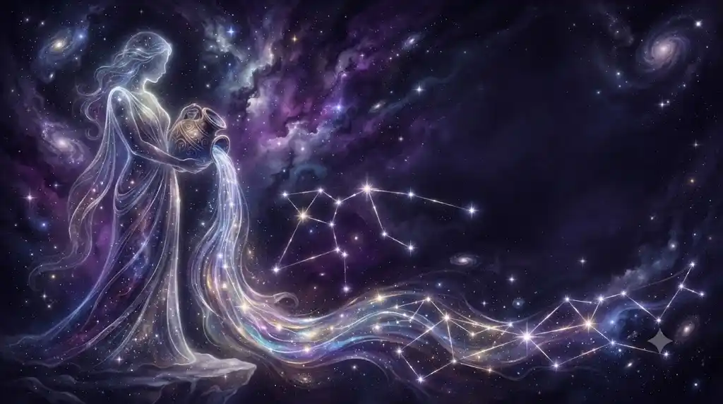 水瓶座のシルエットと宇宙に広がる星のネットワークを描いた幻想的なアイキャッチ画像