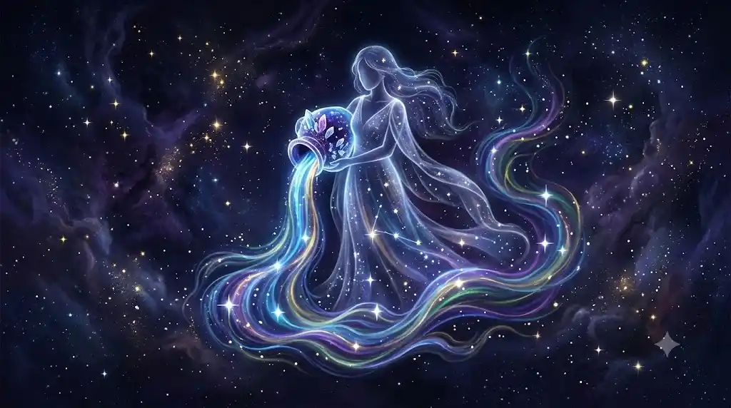 水瓶座のシルエットと宇宙を幻想的なイラストで描いたアイキャッチ画像