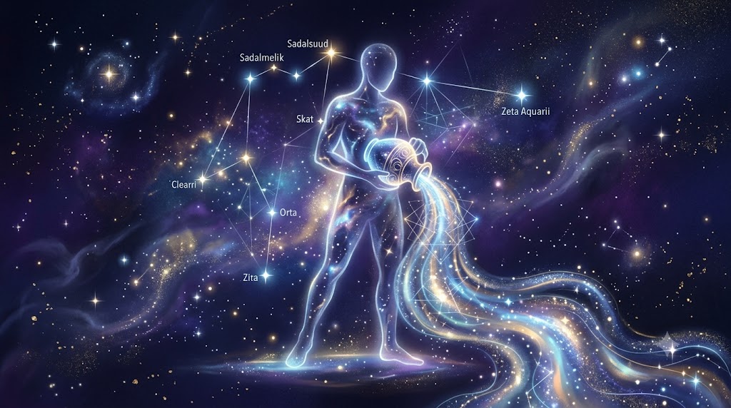水瓶座のシルエットと宇宙に流れる星の液体を描いた幻想的なアイキャッチ画像
