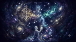土星と天王星の光に包まれた水瓶座の星座図を描いたアイキャッチ画像