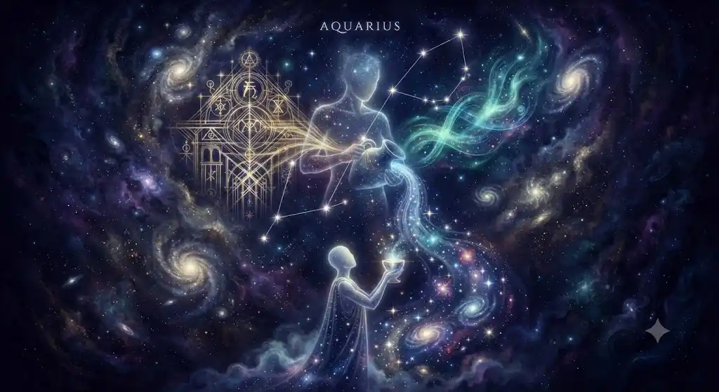 土星と天王星の光に包まれた水瓶座の星座図を描いたアイキャッチ画像