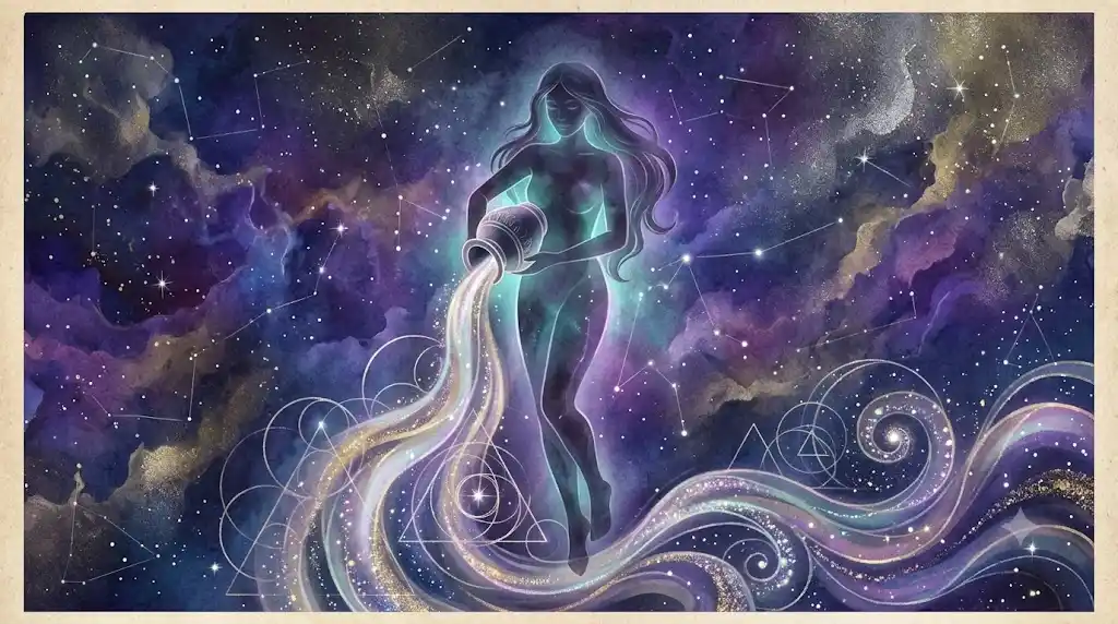 水瓶座のシルエットと宇宙の光の波動を描いた幻想的なアイキャッチ画像