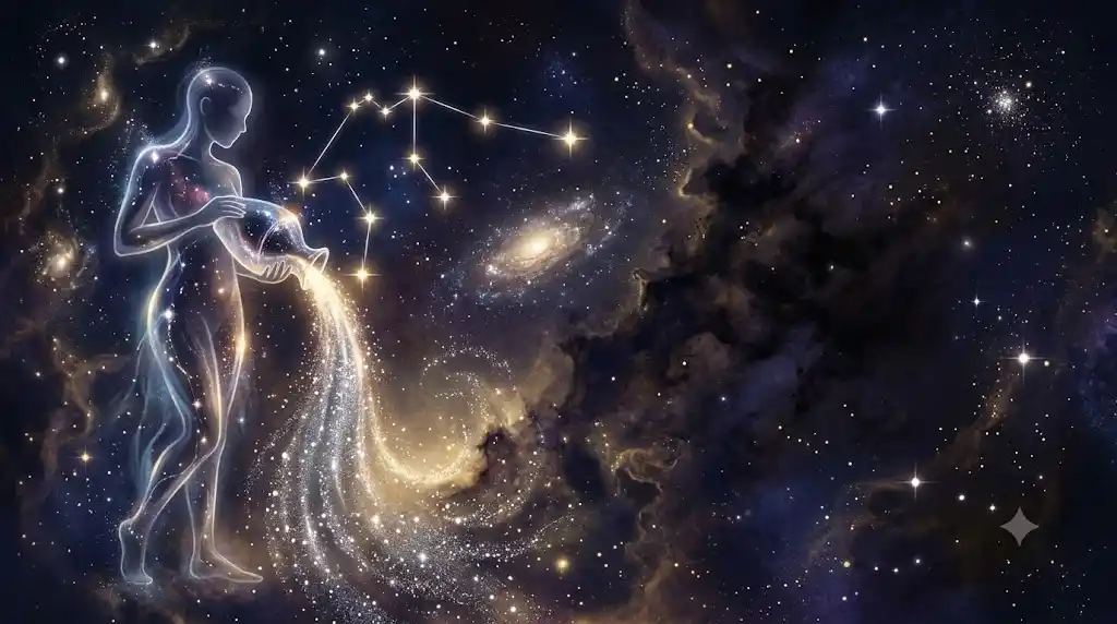 水瓶座の星座と宇宙のきらめきを幻想的なイラストで表現したアイキャッチ画像