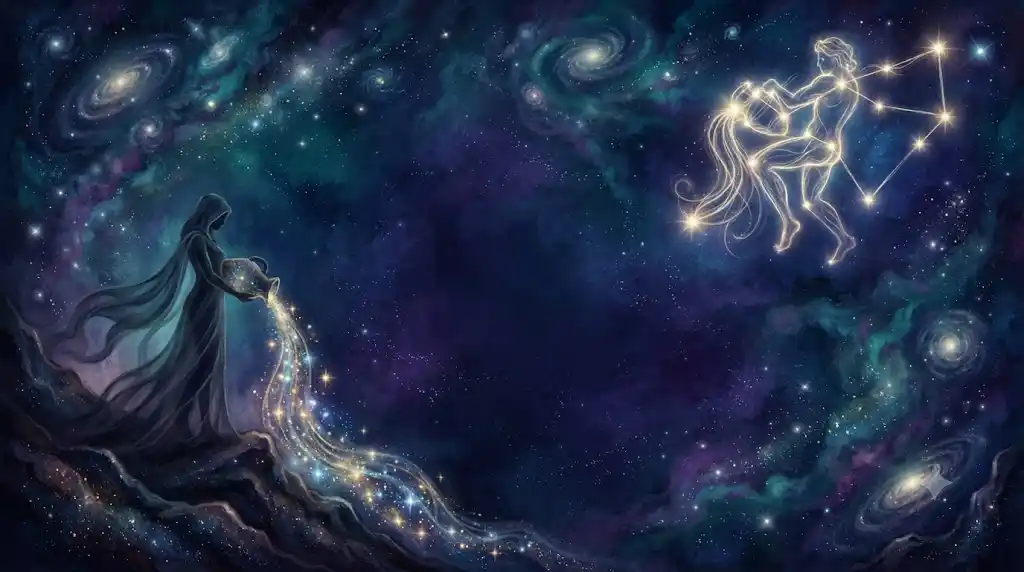 宇宙の星雲を背景に、水瓶座の星座と流れる星屑を描いた幻想的なアイキャッチ画像