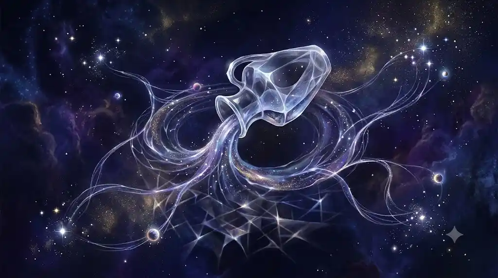 宇宙に浮かぶ水瓶座と持続する信頼を象徴する幻想的なイラスト