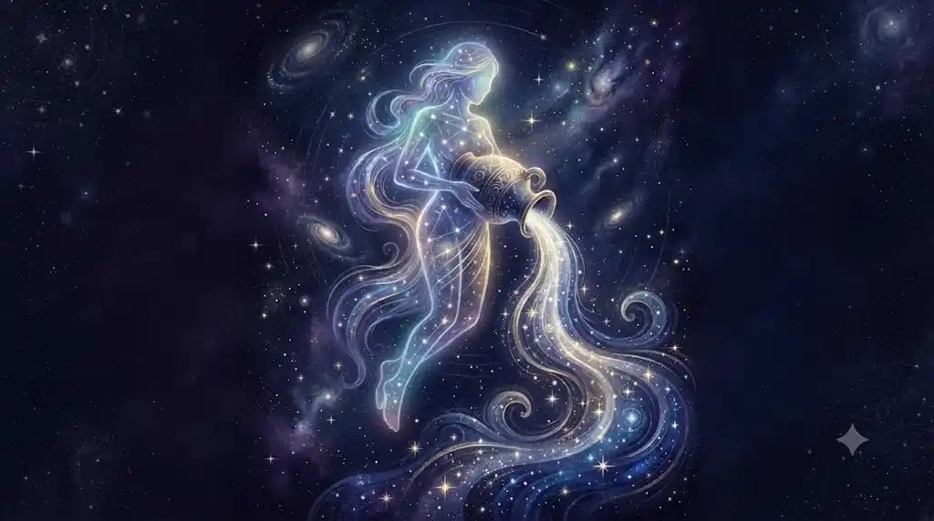 宇宙の中心で輝く水瓶座のシルエットと星の流動を描いた幻想的なアイキャッチ画像