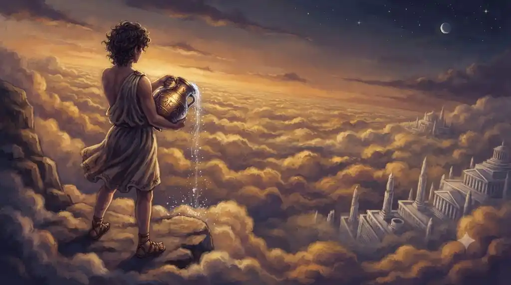 天界の雲海の上で神々の酒を注ぐガニュメデスを描いたギリシャ神話の挿絵