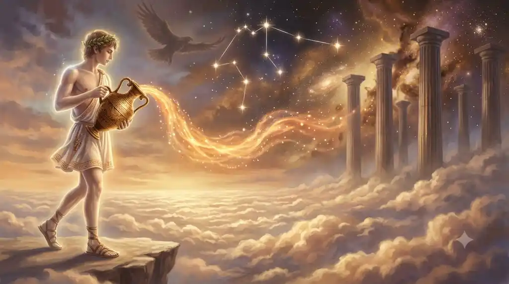 雲海の上で黄金の水瓶を持つガニュメデスを描いた古代ギリシャ神話の幻想的なイラスト