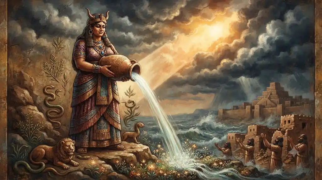 嵐の雲が晴れる空の下で癒やしの水を注ぐバビロニアの女神グラの幻想イラスト