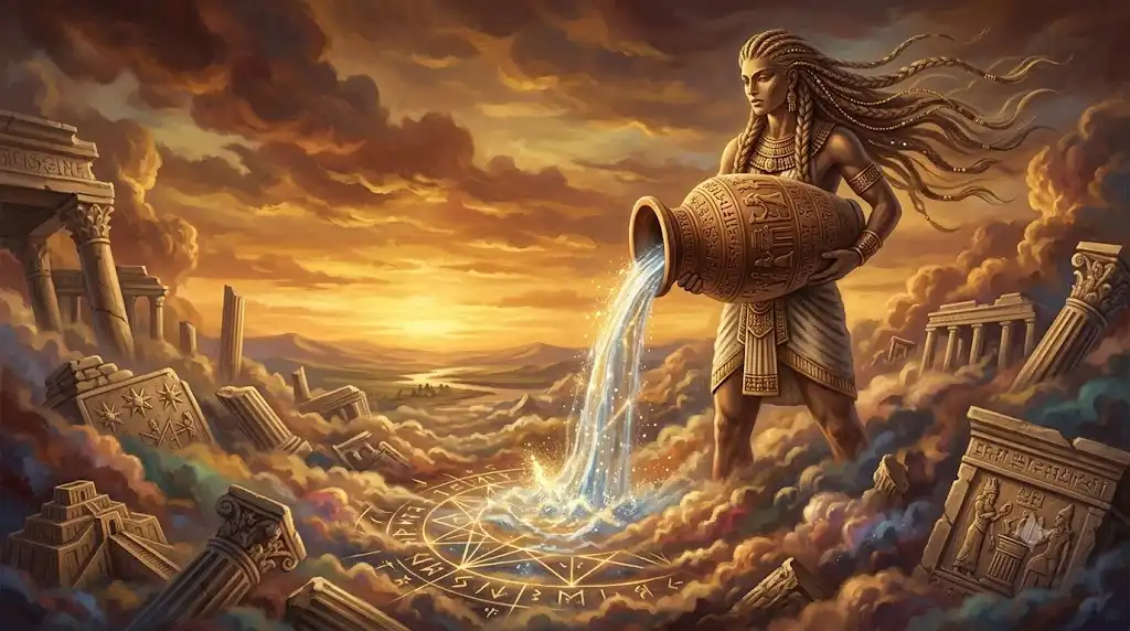 古代の神殿と雲海の中で瓶から水を注ぐ女神GULAを描いた神話イラスト