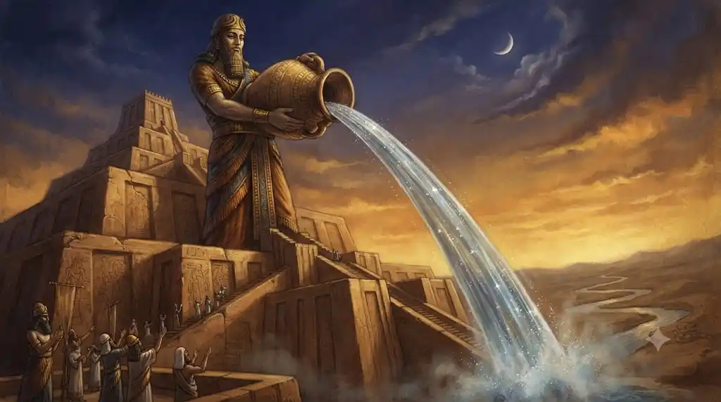 古代バビロニアの神格グラが水瓶から静かに水を注ぐ姿を描いた叙事詩風のイラスト