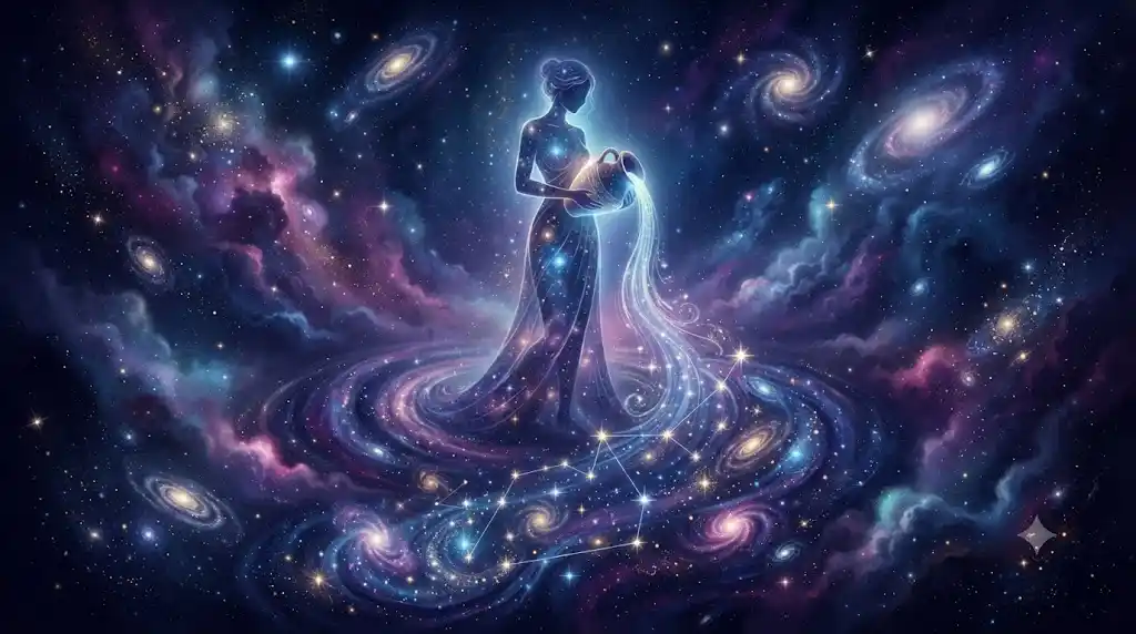 水瓶座のシルエットと宇宙の星雲を幻想的に描いたアイキャッチ画像