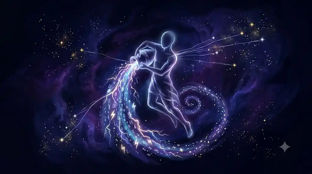 水瓶座の星座と、データと雷を注ぐ幻想的なシルエットを描いたアイキャッチ画像
