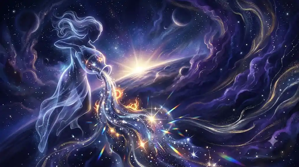 上昇期の水瓶座と宇宙のエネルギー流を幻想的に描いたアイキャッチ画像