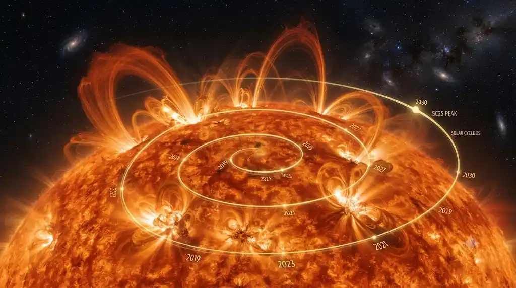 太陽表面から噴き出す活動的なエネルギーと11年周期を示す螺旋状の光