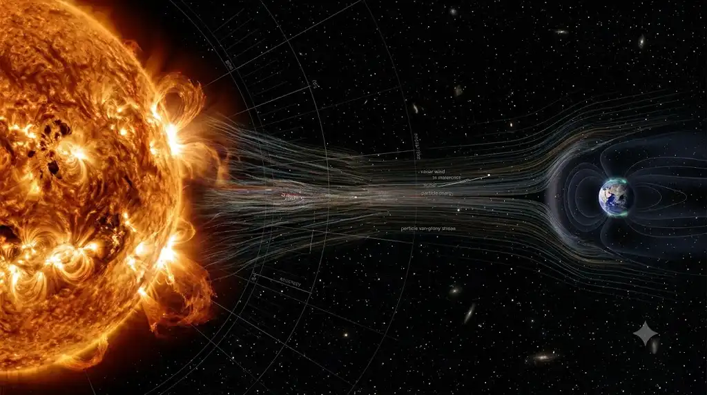 太陽活動の上昇期においてフレアを放出する太陽と宇宙空間の科学的ビジュアル画像