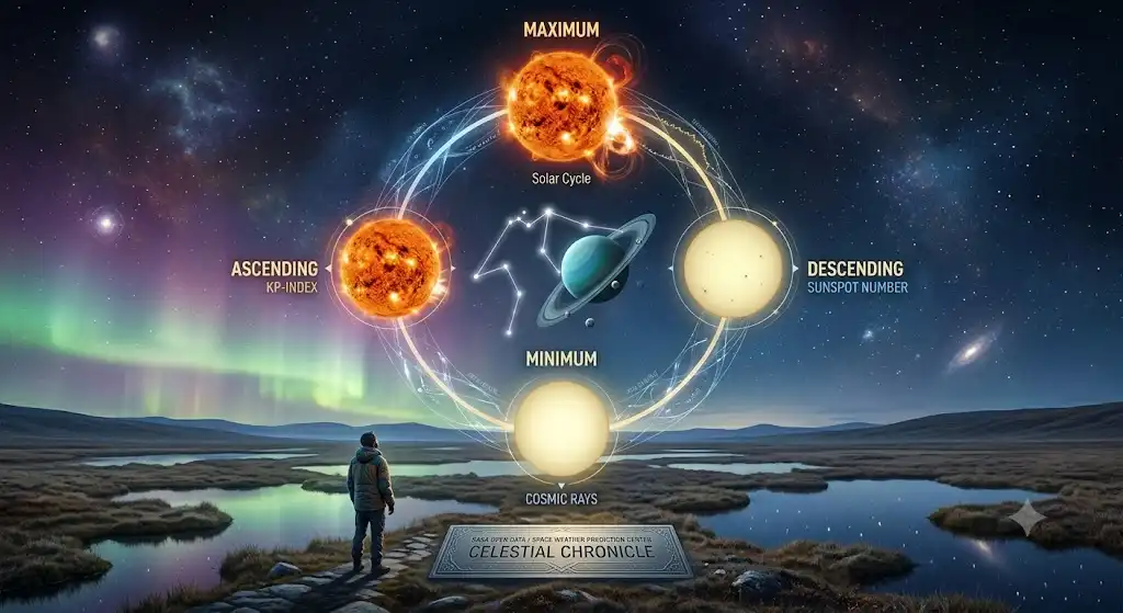 静かな夜空の下でオーロラと水瓶座を見上げる人物。空には4つのソーラーサイクルの位相が調和して輪を描いており、その下にNASAデータへの言及がある。
