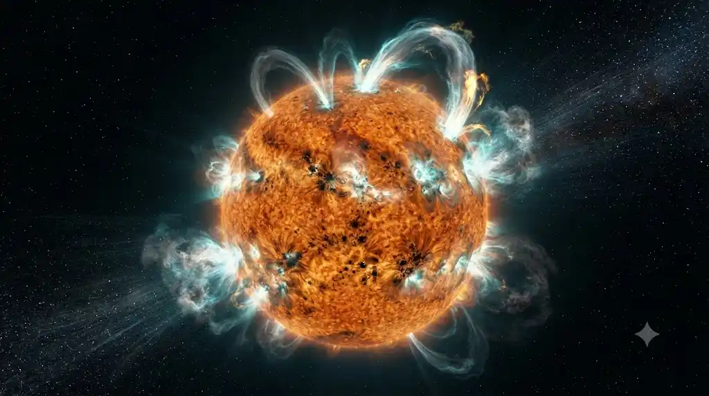 太陽活動の極大期に発生する無数の黒点とプロミネンスの科学的な宇宙写真