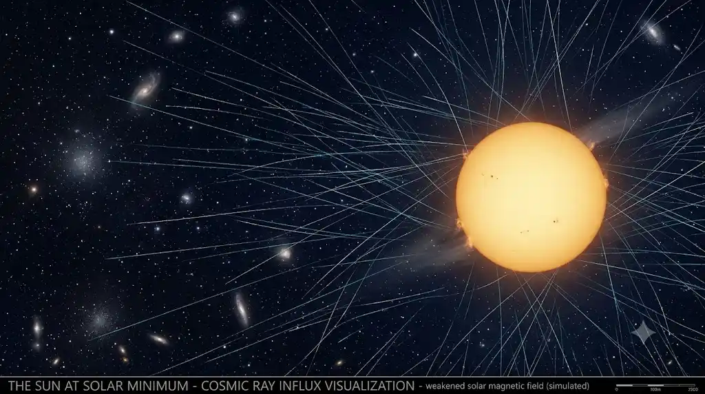 太陽活動の極小期に磁気シールドが弱まり宇宙線が増加する様子を描いた宇宙写真風の画像