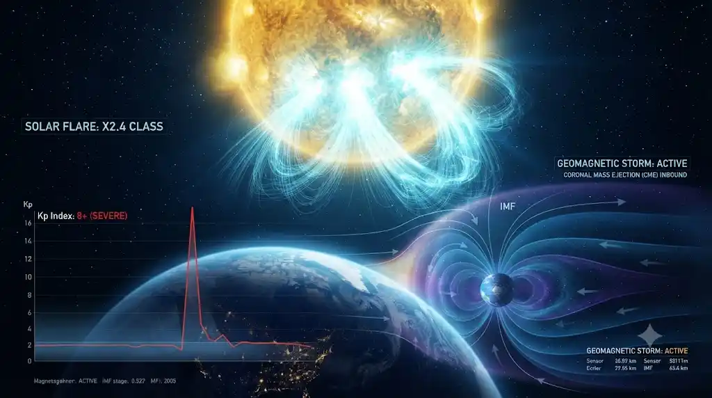 太陽フレアの爆発と地球の地磁気指数（Kp指数）の急上昇を示す科学的な宇宙画像