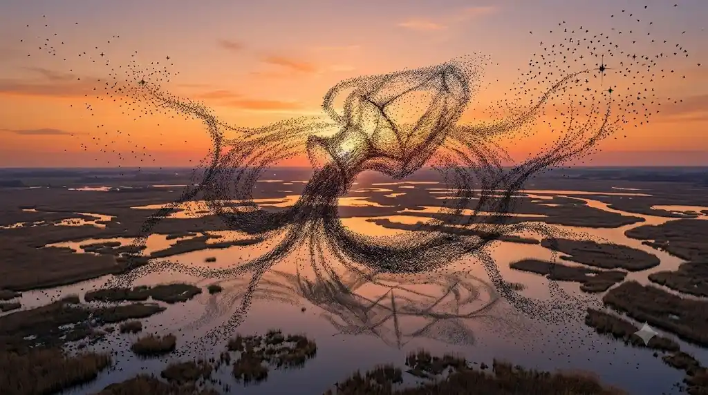 夕暮れの空にムクドリの大群が描くネットワーク状の神秘的な群飛のイラスト