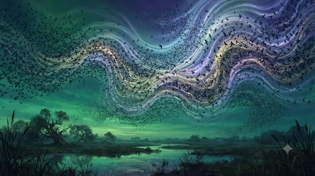 夕暮れの湿地帯の上空を神秘的なパターンで埋め尽くすムクドリの群飛イラスト