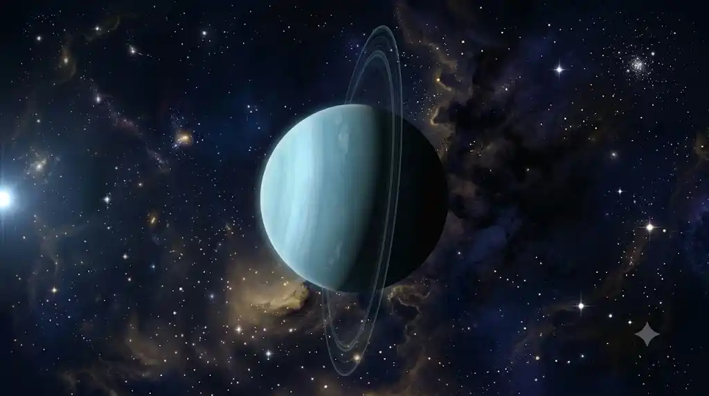 宇宙空間で97.77度横倒しになったまま自転する天王星のリアルな宇宙写真風画像