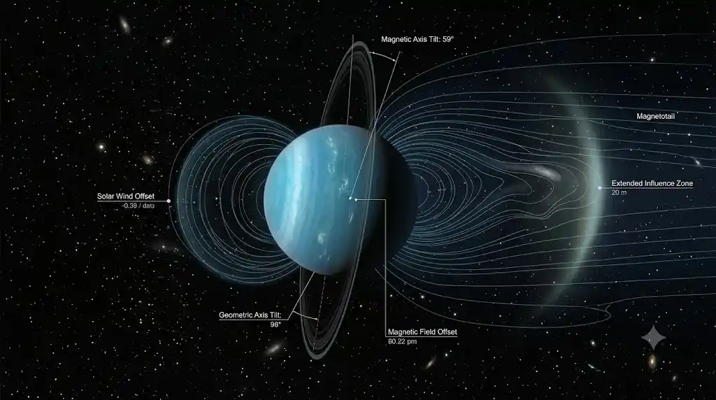 天王星の歪んで遠くまで伸びる磁場を科学的に可視化した宇宙画像