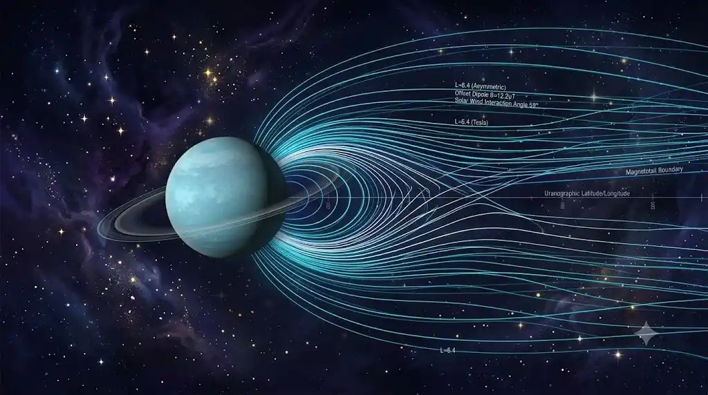 天王星の中心から片側に偏って不均等に広がる非対称な磁気圏の科学的イメージ画像