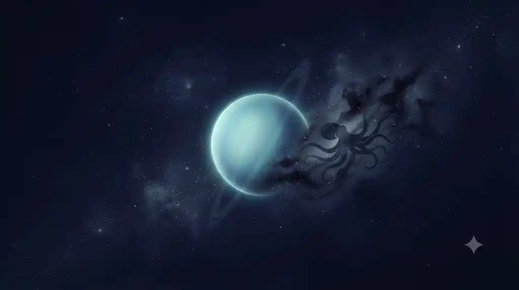 横倒しの天王星とタコのシルエットが深紺の宇宙に浮かぶ幻想的なアイキャッチ画像