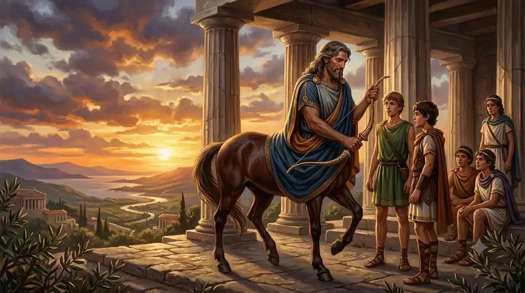 古代神殿の夕刻で知恵と弓術を教える賢者ケイロンの姿を描いた神話イラスト