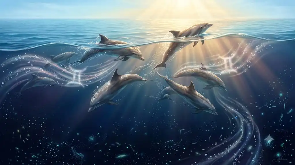 活発に遊びながら内面を隠すイルカの群れと、双子座の象徴を重ねた幻想イラスト