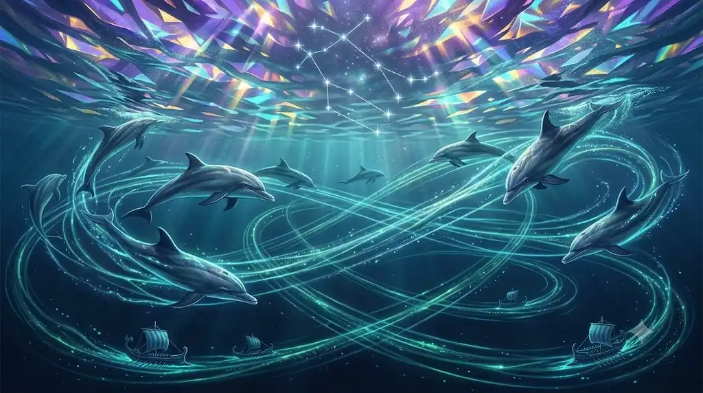 海を止まることなく回遊するイルカの群れと、水面に幽かに輝く双子座の星々