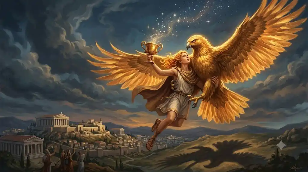 ゼウスの鷲に運ばれるガニュメデスを描いた古代ギリシャ神話の幻想イラスト