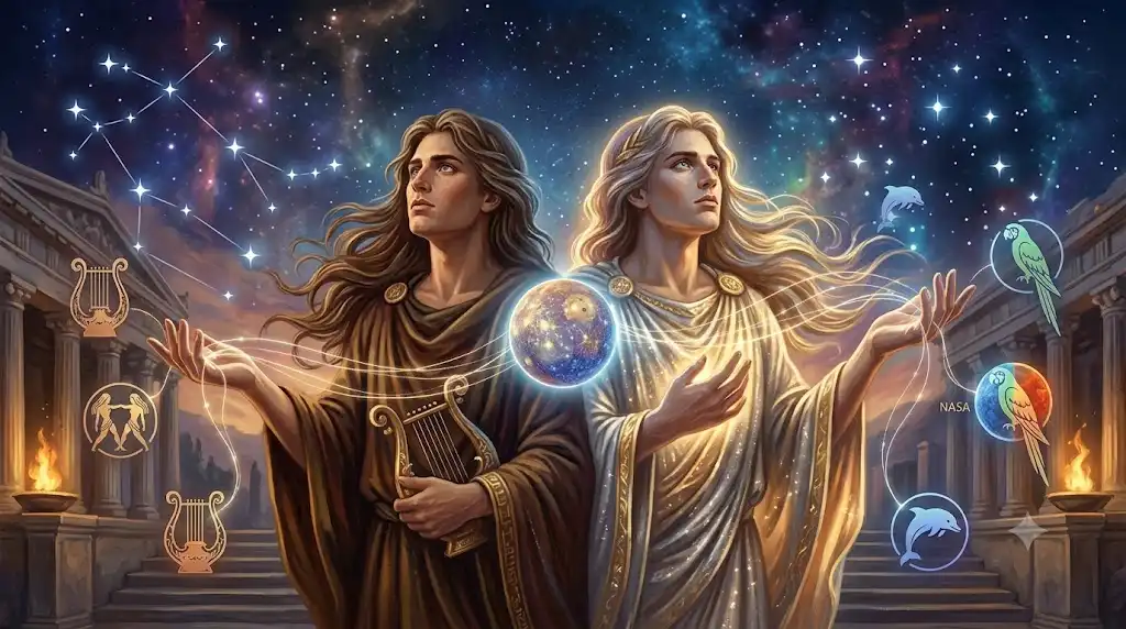カストルとポルックスの兄弟を描いた古代ギリシャ神話の幻想イラスト