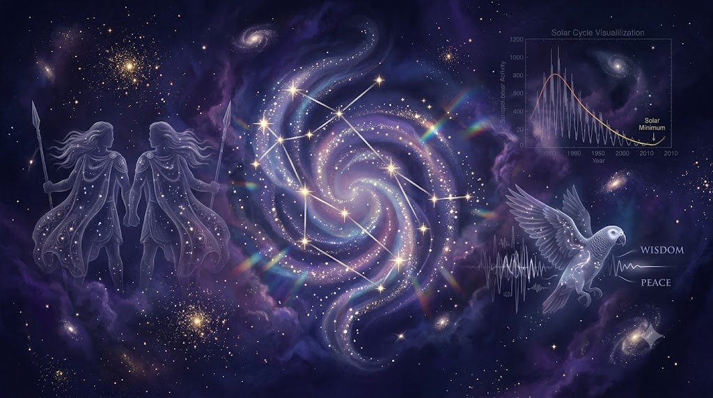 双子座の星座図、ソーラーサイクルの下降グラフ、ヨウムを幻想的に描いたアイキャッチ画像