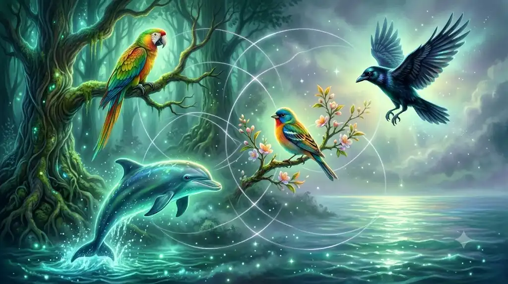 光る海や森を背景に、イルカやヨウム、カラスなどの生き物が散りばめられた幻想イラスト