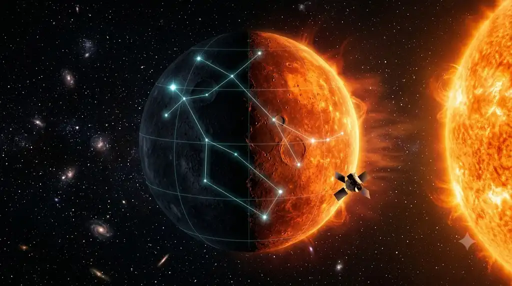 灼熱と極寒が同居する水星の表面と双子座の光のラインを描いた宇宙画像