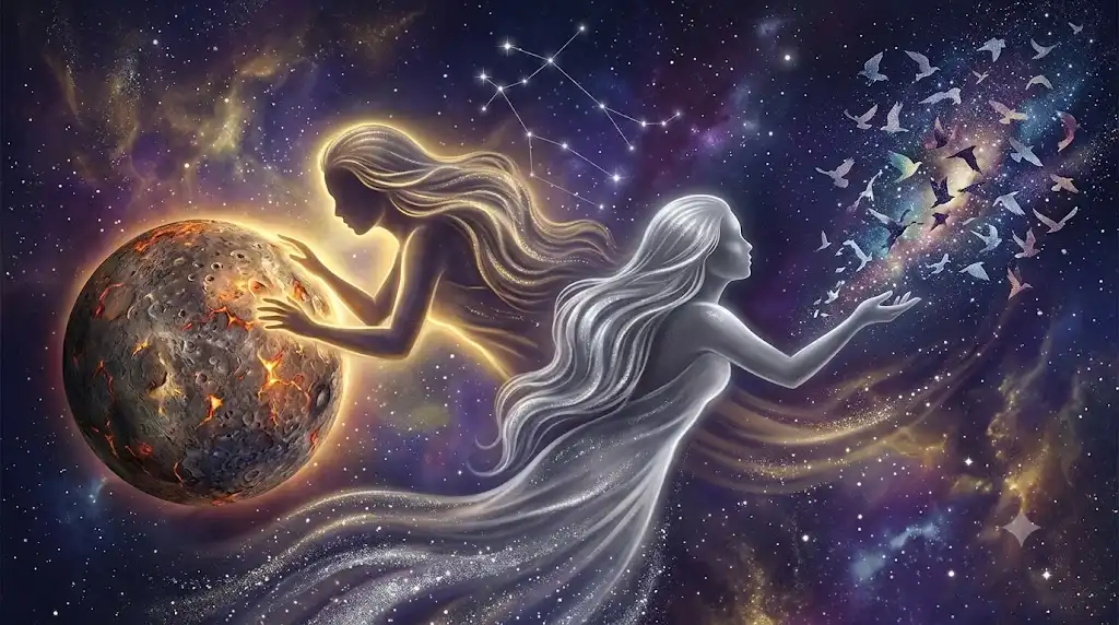 双子座の双子、水星、鳥の群れを幻想的に描いたアイキャッチ画像