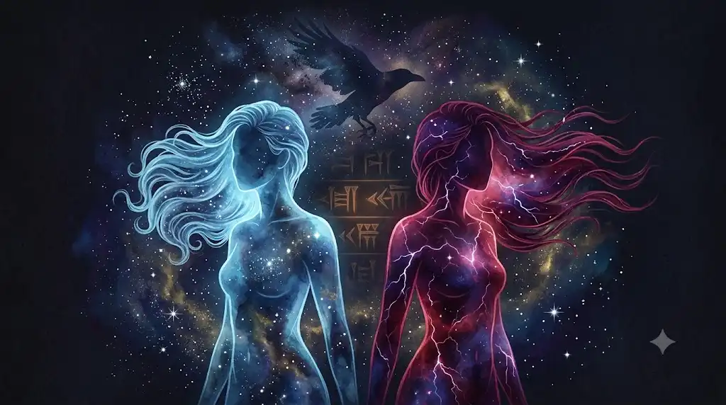 双子座の二面性と宇宙の要素を統合した幻想的なアイキャッチ画像