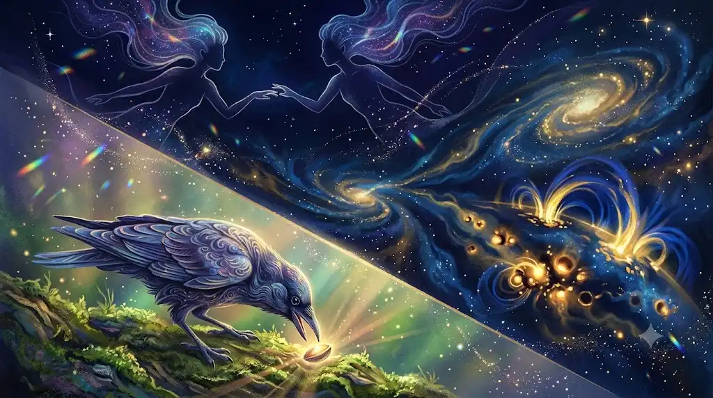 双子座の上昇期を象徴する、二人のシルエット、若いカラス、太陽活動の兆しを描いた幻想的なアイキャッチ画像