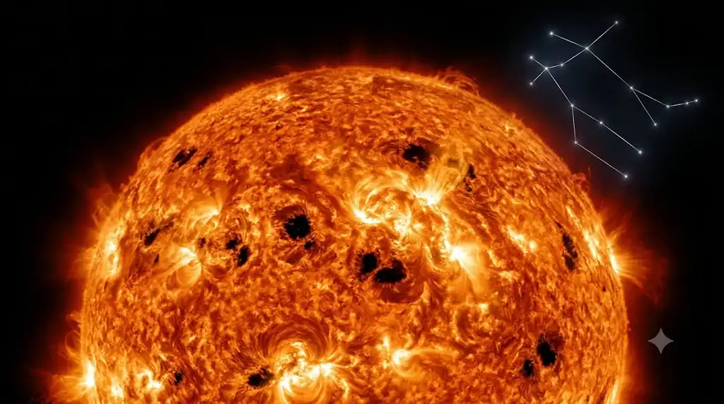 多数の黒点とフレアを放つ太陽の表面と、遠くに微かに光る双子座の宇宙画像