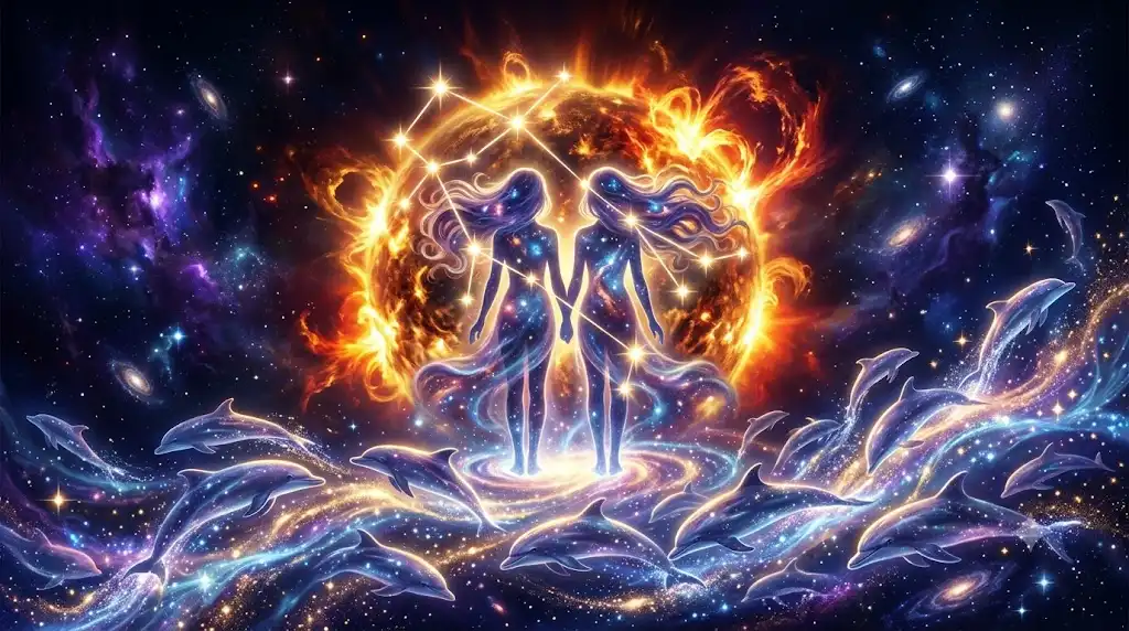 双子座のシルエットと太陽極大期、イルカの群れを描いた幻想的なアイキャッチ画像