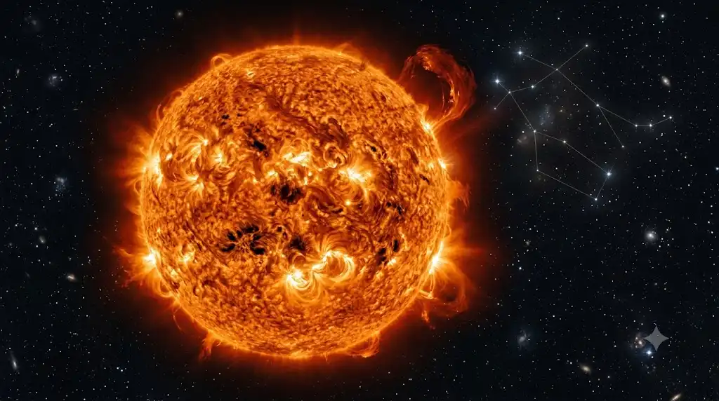 激しく活動する太陽極大期の太陽表面と背景に微かに浮かぶ双子座の星々